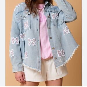 Fantastic Fawn Bow Delight Frayed Denim Shacket